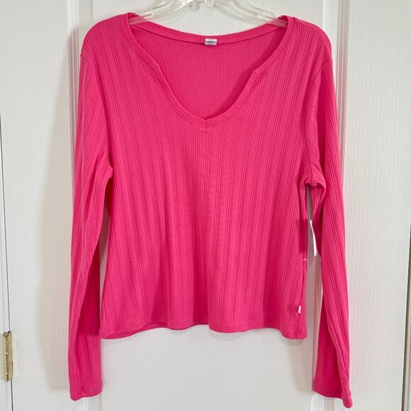 Old Navy Pointelle Knit Pajama Top V-Neck Long Sleeve Hot Pink Size Large NEW - Picture 3 of 6